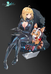  absurdres ahoge animal armored_boots artist_request asymmetrical_dual_wielding blonde_hair bomb boots breasts buckle catsuit cleavage combat_knife computer dual_wielding dynamite explosive female gun handgun haru_estia highres holding holding_gun holding_weapon knee_boots knife laptop large_breasts looking_at_viewer multiple_weapons no_bra official_art open_clothes orange_eyes partially_unzipped red_panda reverse_grip short_hair sitting solo soulworker thigh_strap time_bomb weapon 