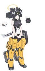  alternate_costume animal_ears armor black_hair blue_archive breastplate concept_art dog_ears dog_tail drone female halo headgear hibiki_(blue_archive) leotard long_hair machinery mecha_musume mechanical_legs mimitoke robot science_fiction simple_background solo tail white_background yellow_halo 