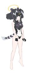  alternate_costume animal_ears armor barefoot black_hair blue_archive breastplate concept_art dog_ears dog_tail female full_body gloves halo headgear hibiki_(blue_archive) leotard mimitoke simple_background solo standing tail white_background yellow_halo 