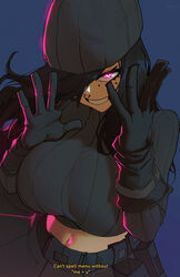  absurdres beanie belt black_belt black_gloves black_hair black_hat black_pants black_sweater blue_background breasts commentary crop_top cropped_sweater english_commentary female floating_hair gloves glowing glowing_eye hat highres huge_breasts lewdicy long_hair midriff_peek navel one_eye_covered open_hands original pants parted_lips pink_eyes ribbed_sweater smile solo sweater 