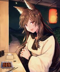  +_+ animal_ears brooch brown_hair commentary_request dress drill_hair drill_sidelocks female fingernails fish_(food) food food_stand grilled_eel highres imaizumi_kagerou jewelry jichou_senshi lantern long_fingernails long_hair long_sleeves monster_girl paper_lantern red_eyes red_nails sidelocks sitting table tail touhou white_dress wide_sleeves wolf_ears wolf_tail yatai 