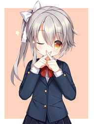  black_jacket black_skirt blazer blush bow brown_background brown_eyes collared_shirt covered_mouth female grey_hair hair_between_eyes hairbow jacket long_hair long_sleeves looking_at_viewer ning_hai_(warship_girls_r) one_eye_closed pleated_skirt red_bow school_uniform shirt side_ponytail skirt solo star_(symbol) tengxiang_lingnai two-tone_background warship_girls_r white_background white_bow white_shirt x_fingers 