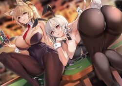  2girls absurdres animal_ears ass bent_over black_bow black_bowtie black_hairband black_legwear black_leotard blonde_hair blush bow bowtie breasts casino commission damda detached_collar ellin_meiji fake_animal_ears hairband highres large_breasts leotard lethe_rin long_hair multiple_girls necktie original pantyhose parted_lips playboy_bunny poker_chip rabbit_ears red_eyes red_necktie second-party_source sitting white_hair 