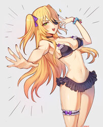  :d armpits bikini bikini_skirt black_bikini black_choker black_hair blonde_hair breasts bridal_garter choker cleavage commentary cowboy_shot eyepatch female fingernails fischl_(genshin_impact) genshin_impact green_eyes grey_background hair_over_one_eye hair_ribbon highres leaning_back long_hair looking_at_viewer medium_breasts nail_polish navel open_mouth outstretched_arm purple_ribbon raoul_(raoul77) ribbon signature smile solo standing stomach swimsuit two_side_up very_long_hair wristband 