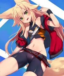  animal_ears bare_shoulders belt bike_shorts black_shirt black_shorts blonde_hair blush crop_top female flat_chest fox_ears fox_girl fox_tail green_eyes hair_between_eyes highres hip_vent jacket kokonoe_tsubaki long_hair looking_at_viewer midriff navel off_shoulder open_clothes open_jacket open_mouth original red_jacket shirt short_shorts short_sleeves shorts sleeveless sleeveless_shirt stomach tail v-shaped_eyebrows yoshizawa_tsubaki 