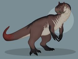  allosaurid allosaurus ambiguous_gender brown_body claws deermary dinosaur extinct feral geometric_background hi_res markings prehistoric_species red_markings reptile scalie simple_background solo stripes teeth theropod 