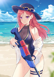  alternate_color bad_id bad_pixiv_id bangle bare_shoulders beach black_hat blue_one-piece_swimsuit blue_sky bracelet breasts caitlyn_(league_of_legends) center_opening cleavage closed_mouth cloud commentary_request cowboy_shot day eyewear_on_headwear female halterneck hat highres holding horizon hum_(ten_ten) jewelry large_breasts league_of_legends long_hair looking_at_viewer ocean off_shoulder one-piece_swimsuit open_clothes open_shirt outdoors pink_hair pool_party_(league_of_legends) pool_party_caitlyn purple_eyes shirt skindentation sky solo standing sun_hat sunglasses sunlight swimsuit thigh_strap thighs v-shaped_eyebrows water water_gun wet white_shirt 