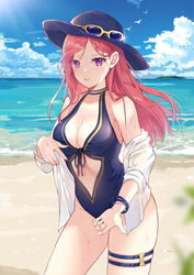  :o bad_id bad_pixiv_id bangle bare_shoulders beach black_hat blue_one-piece_swimsuit blue_sky bracelet breasts caitlyn_(league_of_legends) center_opening cleavage cloud commentary_request cowboy_shot day eyewear_on_headwear female frown halterneck hat highres horizon hum_(ten_ten) jewelry large_breasts league_of_legends long_hair looking_at_viewer ocean off_shoulder one-piece_swimsuit open_clothes open_shirt outdoors parted_lips pink_hair pool_party_caitlyn purple_eyes shirt skindentation sky solo standing sun_hat sunglasses sunlight swimsuit thigh_strap thighs water wet white_shirt 