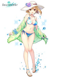  :d artist_request bare_legs bare_shoulders bikini blonde_hair blue_bikini breasts brown_eyes cleavage collarbone female flower full_body green_jacket haru_estia hat hat_flower highres jacket large_breasts looking_at_viewer navel off_shoulder official_art open_clothes open_jacket open_mouth sandals see-through short_hair side-tie_bikini_bottom smile solo soulworker stomach string_bikini sun_hat swimsuit thighs two-tone_bikini water white_background white_hat 