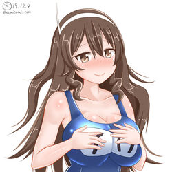  alternate_costume ashigara_(kancolle) blue_one-piece_swimsuit blush breasts brown_eyes brown_hair cleavage closed_mouth cosplay dated eyebrows female hair_between_eyes hairband hands_on_own_chest i-19_(kancolle) i-19_(kancolle)_(cosplay) kantai_collection large_breasts long_hair looking_at_viewer name_tag old_school_swimsuit one-piece_swimsuit school_swimsuit shiromaru_(maniado) simple_background smile solo swimsuit twitter_username upper_body wavy_hair white_background 