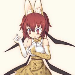  :o adjusting_clothes adjusting_gloves alternate_hair_length alternate_hairstyle animal_ear_fluff animal_ears ayase_yuuki_(mikan_mochi) bare_shoulders bat_wings blush bow bowtie breasts brown_bow brown_bowtie commentary_request cosplay cowboy_shot dress elbow_gloves female gloves head_wings highres kemono_friends koakuma long_hair looking_down low_wings medium_breasts polka_dot polka_dot_dress print_bow print_bowtie print_gloves print_skirt red_eyes red_hair serval_(kemono_friends) serval_(kemono_friends)_(cosplay) serval_print short_hair simple_background skirt sleeveless sleeveless_dress solo touhou two-tone_bowtie white_bow white_bowtie wings yellow_background 