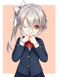  black-framed_eyewear black_jacket black_skirt blazer blush bow brown_background brown_eyes collared_shirt commentary_request covered_mouth female glasses grey_hair hair_between_eyes hairbow jacket long_hair long_sleeves looking_at_viewer ning_hai_(warship_girls_r) one_eye_closed pleated_skirt red_bow round_eyewear school_uniform shirt side_ponytail skirt solo star_(symbol) tengxiang_lingnai two-tone_background warship_girls_r white_background white_bow white_shirt x_fingers 