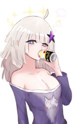  aa-12 aa-12_(girls&#039;_frontline) aa-12_(smokeless_lollipop)_(girls&#039;_frontline) ahoge alcohol bad_id bad_pixiv_id bags_under_eyes blue_eyes breasts cleavage collarbone dress drinking female girls&#039;_frontline grey_hair gun hair_ornament highres holding liquid long_hair long_sleeves looking_at_viewer shotgun siarukun solo star_(symbol) star_hair_ornament strapless strapless_dress weapon 