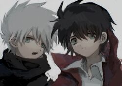  2boys bad_id bad_pixiv_id black_hair black_jacket blue_eyes coat darren_shan denri green_eyes jacket long_coat male_focus multiple_boys open_mouth red_coat scarf short_hair steve_leonard the_saga_of_darren_shan white_hair 