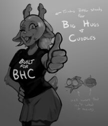  2023 anthro avian berdly bird clothed clothing deer deltarune english_text female gesture greyscale group hair hand_gesture hi_res horn human kris_(deltarune) latchk3y looking_at_viewer male mammal monochrome new_world_deer noelle_holiday open_mouth open_smile reindeer simple_background smile smiling_at_viewer text thumbs_up trio undertale_(series) 