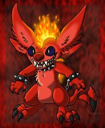  alien ambiguous_gender black_claws chest_tuft claws collar disney experiment_(lilo_and_stitch) experiment_666_(metallicumbrage) fan_character feet fingers fire flaming_hair fur lilo_and_stitch metallicumbrage pseudo_hair red_body red_fur red_nose semi-anthro sharp_teeth signature smile solo spiked_collar spikes standing teeth toe_claws toes tuft white_eyes 