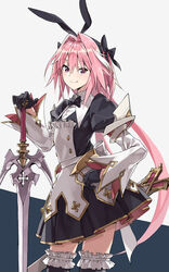  1boy alternate_legwear astolfo_(fate) astolfo_(saber)_(fate) astolfo_(saber)_(third_ascension)_(fate) black_bow black_bowtie black_dress black_gloves black_ribbon black_thighhighs blush bow bowtie buttons closed_mouth commentary dress fate/grand_order fate_(series) frills gloves hair_between_eyes hair_intakes hair_ribbon hairbow highres juliet_sleeves layered_skirt long_hair long_sleeves looking_at_viewer low_twintails male_focus multicolored_hair oerba_yun_fang otoko_no_ko pink_hair puffy_sleeves purple_eyes ribbon sheath simple_background skirt smile solo streaked_hair sword thighhighs thighs twintails weapon white_background white_hair white_skirt wide_sleeves wing_collar yahako 