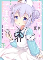  apron armband black_ribbon blue_dress blush collared_dress commentary_request double_bun dress female gochuumon_wa_usagi_desu_ka? hair_between_eyes hair_bun hair_ornament hat highres holding kafuu_chino neck_ribbon nurse_cap parted_lips purple_eyes purple_hair ribbon satori_(ymoy) sidelocks solo stethoscope striped_clothes striped_dress upper_body vertical-striped_clothes vertical-striped_dress white_apron white_hat x_hair_ornament 