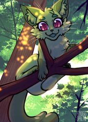  branch domestic_cat felid feline felis female feral forest forest_background froggsalt fur green_body green_fur hi_res in_tree light looking_from_below mammal nature nature_background perspective plant purple_eyes solo sunlight tree 