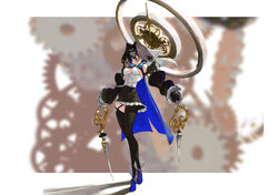  absurdres black_gloves black_hair black_thighhighs blue_eyes breasts chains detached_sleeves earrings female full_body gloves hair_ornament halo high_heels highres holding holding_weapon hololive hololive_english jewelry medium_hair mont_blanca ouro_kronii puffy_sleeves skirt solo thighhighs virtual_youtuber weapon 