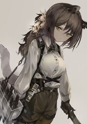  absurdres animal_ears animal_hands arknights bag black_necktie black_pantyhose black_shorts breasts brown_hair collared_shirt commentary cowboy_shot cross_tie female freckles grey_background highres holding holding_knife knife long_sleeves looking_at_viewer multicolored_hair necktie pantyhose pantyhose_under_shorts ponytail raccoon_ears raccoon_girl raccoon_tail robin_(arknights) shirt shorts shoulder_bag sidelocks simple_background small_breasts solo streaked_hair tail trrcmb white_hair yellow_eyes 