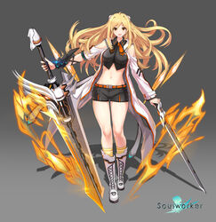  :d absurdres ahoge asymmetrical_sleeves belt black_shirt black_shorts blonde_hair boots breasts clothing_cutout coat collared_shirt crop_top dual_wielding female floating_hair full_body gauntlets gradient_background hair_ornament haru_estia highres holding holding_sword holding_weapon huge_weapon knee_boots large_breasts long_hair long_sleeves looking_at_viewer midriff navel necktie official_art open_clothes open_coat open_mouth photoshop_(medium) reverse_grip see-through shadow shirt short_shorts shorts shoulder_cutout sleeveless sleeveless_shirt smile socks solo soulworker standing stomach sword thighs uneven_sleeves weapon white_coat white_footwear yellow_eyes yellow_socks 