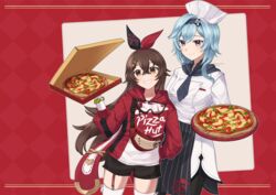  2girls amber_(genshin_impact) amber_(pizza_hut)_(genshin_impact) apron black_apron black_hairband black_shorts blue_hair brown_eyes brown_hair clothes_writing commentary cowboy_shot eula_(genshin_impact) eula_(pizza_hut)_(genshin_impact) food garter_straps genshin_impact goggles goggles_around_neck grin hair_between_eyes hair_ornament hair_ribbon hairband hairclip hand_up height_difference highres hood hoodie long_hair long_sleeves looking_at_viewer multiple_girls official_alternate_costume pizza pizza_box pizza_hut red_background red_hoodie ribbon rktsm shirt short_shorts shorts smile standing thighhighs very_long_hair white_headwear white_shirt white_thighhighs 