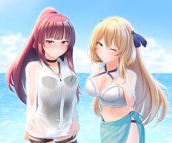  2girls absurdres bare_shoulders bikini black_one-piece_swimsuit blonde_hair blue_bow blush bow bow_swimsuit breasts cleavage closed_mouth cloud collarbone collared_shirt girls&#039;_frontline green_eyes hairbow hand_on_own_chest highres koto_(ktnhn000) large_breasts long_hair looking_at_viewer multiple_girls ocean official_alternate_costume one-piece_swimsuit one_eye_closed outdoors ponytail purple_hair red_eyes see-through shirt sky smile springfield_(girls&#039;_frontline) springfield_(stirring_mermaid)_(girls&#039;_frontline) swimsuit swimsuit_under_clothes wa2000_(girls&#039;_frontline) wa2000_(op._manta_ray)_(girls&#039;_frontline) water white_bikini white_shirt 