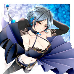  armpits arms_behind_head asymmetrical_legwear bad_id bad_pixiv_id blue_hair breasts choker cleavage dark_blue_hair earrings elbow_gloves embroidery female flower from_above gloves hair_flower hair_ornament hayami_kanade highres hitofudegaki_usagi idolmaster idolmaster_cinderella_girls jewelry large_breasts midriff navel short_hair solo thighhighs 