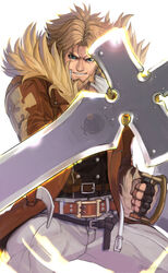  1boy artist_name beard belt belt_buckle black_gloves blonde_hair brown_belt brown_jacket buckle buttons commentary_request double-breasted dual_wielding facial_hair fingerless_gloves fur-trimmed_jacket fur-trimmed_sleeves fur_trim furrowed_brow gloves green_eyes guilty_gear guilty_gear_strive highres holding holding_weapon jacket lens_flare leo_whitefang male_focus multiple_belts open_clothes open_jacket pants solo tsuna_(akmu8832) twitter_username weapon white_background white_pants 