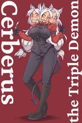  3girls animal_ears black_pants boots breasts cerberus_(helltaker) conjoined demon_girl demon_tail dog_ears formal full_body gammatelier helltaker highres large_breasts multiple_girls multiple_heads necktie pants pants_tucked_in standing suit tail white_hair 