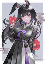  :d absurdres animal_ears animal_on_shoulder black_hair camellia chinese_zodiac chungla egasumi female floating_hair floral_background flower hanbok highres holding korean_clothes long_hair long_sleeves looking_at_viewer original puffy_long_sleeves puffy_sleeves purple_eyes purple_nails rabbit rabbit_ears red_flower simple_background smile solo year_of_the_rabbit 