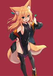  animal_ear_fluff animal_ears armpits bare_shoulders black_dress black_jacket black_thighhighs blonde_hair breasts china_dress chinese_clothes commentary_request covered_navel dress female fox_ears fox_girl fox_tail green_eyes hair_between_eyes hair_ribbon hand_on_own_hip hand_up highres holding jacket kokonoe_tsubaki long_hair long_sleeves looking_at_viewer multiple_tails no_bra no_panties oerba_yun_fang off_shoulder open_clothes open_jacket open_mouth original pelvic_curtain red_background ribbon shoes sideboob simple_background sleeveless sleeveless_dress small_breasts sneakers solo tail thighhighs thighs two_tails v-shaped_eyebrows yoshizawa_tsubaki 