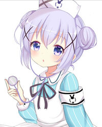  apron armband black_ribbon blue_dress blush collared_dress commentary_request double_bun dress female gochuumon_wa_usagi_desu_ka? hair_between_eyes hair_bun hair_ornament hat holding kafuu_chino neck_ribbon nurse_cap parted_lips purple_eyes purple_hair ribbon satori_(ymoy) sidelocks simple_background solo stethoscope striped_clothes striped_dress upper_body vertical-striped_clothes vertical-striped_dress white_apron white_background white_hat x_hair_ornament 