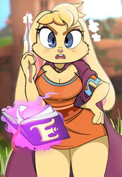  absurd_res activision anthro bianca_(spyro) big_breasts blush book breasts buckteeth cleavage cloak clothed clothing female hand_on_hip hi_res lagomorph leporid looking_at_viewer magic magic_glow mammal onibi open_mouth rabbit solo spyro_the_dragon teeth wand wide_hips 