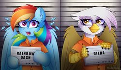  2023 absurd_res avian barbie_and_ken_mugshot_meme beak blue_body blue_feathers blue_fur brown_body brown_feathers brown_fur claws clothing digital_media_(artwork) duo equid equine eyelashes feathered_wings feathers feet female feral friendship_is_magic fur gilda_(mlp) gryphon hair hasbro hi_res holding_object inner_ear_fluff madelinne mammal meme mugshot multicolored_hair my_little_pony mythological_avian mythological_creature mythological_equine mythology pegasus pink_eyes prison_uniform prisoner rainbow_dash_(mlp) rainbow_hair signature smile smirk talons toes tuft uniform white_body white_feathers white_fur wings yellow_beak yellow_eyes 