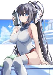  bare_shoulders black_hair blue_eyes blue_sky bottle bow breasts cloud covered_navel female green_bow hair_ribbon high_ponytail highres infinite_stratos large_breasts leotard long_hair looking_at_viewer pilot_suit ponytail ribbon ribucci science_fiction shinonono_houki sitting sky solo split_ponytail thighhighs water_bottle white_leotard white_thighhighs 