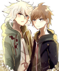  2boys absurdres ahoge artist_name black_jacket blurry blush brown_eyes brown_hair coat commentary danganronpa:_trigger_happy_havoc danganronpa_(series) danganronpa_2:_goodbye_despair english_commentary green_coat grey_eyes hair_between_eyes hakamii highres hood hood_down hooded_coat hoodie jacket komaeda_nagito looking_at_viewer male_focus medium_hair messy_hair mixed-language_commentary multiple_boys naegi_makoto open_clothes open_jacket print_shirt shirt short_hair teeth white_background white_shirt 