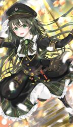  absurdres bag belt bow breasts coat dress eyebrows_hidden_by_hair female gloves green_eyes green_hair hair_between_eyes handbag hat highres long_hair looking_at_viewer military_hat moderate_gold petals rail_romanesque solo sunlight suzushiro_(rail_romanesque) uniform white_gloves window 