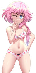  ;) absurdres ass_visible_through_thighs blue_eyes blush bra breasts cjhomics cowboy_shot female finger_to_eye finger_to_own_chin gradient_hair hand_on_own_hip hand_up heart heart_print highres hip_focus legs_apart lingerie looking_at_viewer medium_hair multicolored_hair musical_note musical_note_print navel neptune_(series) no_wings one_eye_closed panties pink_hair short_hair_with_long_locks side_ponytail small_breasts smile solo standing thighs underwear underwear_only white_bra white_panties white_sister_ram 