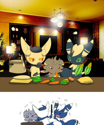  2014 :&lt; abuse ambiguous_gender bad_parenting blue_body blue_fur blush bodily_fluids book carrot closed_eyes cooking_pot corn curtains detailed_background egg espurr felid food fur furniture generation_6_pokemon green_eyes group hi_res inside kitchen knife lamp lights magazine mammal meowstic nintendo open_mouth photo_background photography_(artwork) pillow plant plate pokemon pokemon_(species) sofa sweat vegetable winick-lim 