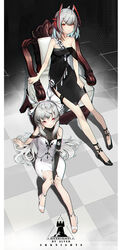  2girls absurdres alver animal_ears arknights arm_support artist_name bare_shoulders black_dress black_footwear breasts bridal_gauntlets copyright_name corrupted_metadata dress fake_animal_ears full_body grey_hair halter_dress halterneck hand_on_own_knee hand_on_own_thigh high_heels highres horns long_hair looking_at_viewer medium_breasts multiple_girls on_chair red_eyes short_hair single_bridal_gauntlet sitting toeless_footwear very_long_hair w_(arknights) weedy_(arknights) white_dress white_footwear 