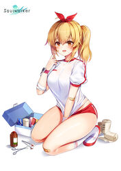  :d absurdres ahoge bandaged_arm bandages bandaid bandaid_on_cheek bandaid_on_face bandaid_on_knee bandaid_on_leg between_legs blonde_hair breasts buruma female first_aid_kit full_body gym_uniform hair_ribbon haru_estia highres index_finger_raised kneehighs kneeling long_hair looking_at_viewer maett medium_breasts midriff_peek official_art open_mouth orange_eyes ponytail red_buruma ribbon scissors see-through shirt shoes short_sleeves smile socks solo soulworker sweatband thighs tissue uwabaki watch wet wet_clothes wet_shirt white_background white_footwear white_shirt white_socks wristwatch 