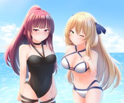  2girls absurdres bare_shoulders bikini black_one-piece_swimsuit blonde_hair blue_bow blush bow bow_swimsuit breasts cleavage closed_mouth cloud collarbone girls&#039;_frontline green_eyes hairbow hand_on_own_chest highres koto_(ktnhn000) large_breasts long_hair looking_at_viewer multiple_girls ocean official_alternate_costume one-piece_swimsuit one_eye_closed outdoors ponytail purple_hair red_eyes sky smile springfield_(girls&#039;_frontline) springfield_(stirring_mermaid)_(girls&#039;_frontline) swimsuit wa2000_(girls&#039;_frontline) wa2000_(op._manta_ray)_(girls&#039;_frontline) water white_bikini 