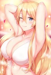  ahoge armpits bikini blonde_hair blue_eyes blurry blurry_background blush breasts cleavage closed_mouth collarbone commentary_request female from_side front-tie_bikini_top front-tie_top highres iowa_(kancolle) kantai_collection large_breasts long_hair looking_at_viewer one_eye_closed osterei sidelocks smile solo star-shaped_pupils star_(symbol) swimsuit symbol-shaped_pupils tongue tongue_out upper_body white_bikini 