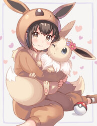  &gt;:) black_hair blush brown_eyes closed_mouth commentary_request cosplay eevee eevee_(cosplay) female flower heart hug kurasawa_moko long_sleeves poke_ball poke_ball_(basic) poke_kid_(pokemon) pokemon pokemon_(creature) pokemon_swsh red_flower short_hair sitting smile v-shaped_eyebrows wariza white_background 