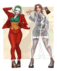  2girls absurdres american_psycho arthur_fleck axe barley_juice batman_(series) bishoujo_terror black_bra black_jacket black_skirt blood blood_on_clothes blood_on_face bra bra_visible_through_clothes breasts brown_hair cleavage clown concept_art dc_comics dress_shirt english_commentary formal garter_straps genderswap_(mtf) green_eyes green_hair green_shirt high_heels highres jacket joker_(2019) joker_(dc) kotobukiya kotobukiya_bishoujo multiple_girls office_lady patrick_bateman pencil_skirt pinky_out raincoat red_jacket rule_63 shirt skirt transparent_raincoat underwear vest weapon white_shirt yellow_vest 