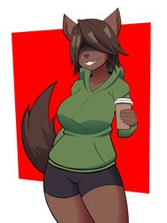  2019 3:4 5_fingers anthro better_version_at_source beverage big_breasts bottomwear breasts brown_body brown_fur clothed clothing coffee container cup cyynapse digital_media_(artwork) female fingers fully_clothed fur gulonine hair hair_over_eyes hi_res jacket louise_(unfoundedanxiety) mammal marten mustelid musteline pine_marten shorts simple_background smile solo topwear 