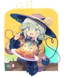  :d absurdres aqua_background aqua_eyes black_hat blouse blush border bow collared_shirt eating eyeball female film_grain food fork frilled_shirt_collar frills gradient_background green_eyes green_hair hair_between_eyes hands_up happy hat hat_bow hat_ribbon heart heart_in_eye heart_of_string highres holding holding_food holding_fork holding_plate hot_sauce komeiji_koishi light_green_hair long_sleeves medium_hair no_nose noodles nose_blush oerba_yun_fang open_mouth outside_border pasta plate product_placement ribbon rounded_corners sauce shirt skin_fang smile solo spaghetti sparkle steam symbol_in_eye tabasco table tareme third_eye toroid_(621997) touhou two-tone_background upper_body wavy_hair white_border wide_sleeves yellow_background yellow_bow yellow_ribbon yellow_shirt 