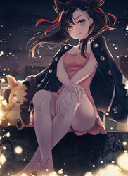  asymmetrical_bangs barefoot black_hair black_jacket breasts building cleavage closed_eyes cloud commentary dress drooling female green_eyes h2o_(dfo) hair_between_eyes hair_ribbon head_tilt highres jacket jacket_on_shoulders long_hair looking_at_viewer marnie_(pokemon) morpeko morpeko_(full) night night_sky nose_bubble open_mouth outdoors parted_lips pink_dress pokemon pokemon_(creature) pokemon_swsh red_ribbon ribbon saliva sitting sky sleeping small_breasts soles star_(sky) starry_sky toenails toes twintails 